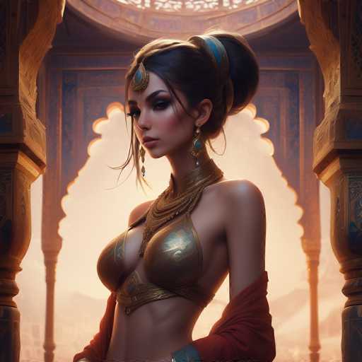 The image depicts a highly detailed, computer-generated woman standing in a grand, ornate room that resembles a palace. She is positioned centrally, with her body facing left but her head turned towards the viewer, giving a partial profile view. The woman has long, dark brown hair styled in a bun with a blue and gold headband. Her makeup is elaborate, featuring dark eyeshadow and lipstick, and she wears dangly earrings with blue jewels.

Her attire is a striking gold bikini top with intricate designs, leaving her midriff exposed. A red shawl drapes over her arms, adding a touch of color to her ensemble. Around her neck, she wears a thick, ornate gold necklace that complements her overall regal appearance.

The background features a large, scalloped window that allows light to filter through, illuminating the room. The walls are adorned with intricate gold and blue designs, and the architecture includes tall, ornate columns on either side of the woman. The overall scene is rich in detail, with a color palette dominated by gold, blue, and red, creating a luxurious and majestic atmosphere.