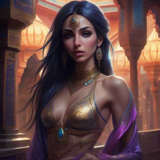 The image depicts a highly detailed, computer-generated or AI-generated artwork of a young woman, possibly in her 20s, with long, flowing black hair. She is adorned in elaborate gold and blue attire, featuring a golden bra-like top and a matching golden choker necklace. A striking blue teardrop-shaped gem is prominently displayed on her midriff, complemented by additional blue stones on her necklace. She wears a golden headpiece with a blue jewel on her forehead, and her ears are adorned with large, dangling golden earrings. Her makeup is meticulously applied, with pink lips and blue eyes, and she has a slight smile. A purple shawl drapes over her left arm, adding to her regal appearance. The background suggests she is in a grand, ornate building, possibly a palace, with golden columns and dome-shaped lights, enhancing the overall majestic and luxurious atmosphere of the scene.