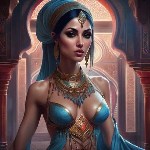 This image depicts a highly detailed, computer-generated portrayal of a woman who appears to be of Middle Eastern or possibly Egyptian descent. She has long, dark hair that is partially covered by a blue scarf, which drapes elegantly over her shoulders and down her back. Her attire is reminiscent of a bikini, featuring blue cups with gold trim, and a matching blue skirt with gold accents. Around her neck, she wears an elaborate necklace adorned with blue and gold elements, and a prominent blue and gold ornament rests on her forehead. Her makeup is striking, with dark, smoky eyeshadow and bold red lipstick. The background suggests she is standing in front of a grand, ornate building, possibly a palace, with intricate architectural details and a large window behind her. The overall scene is rich in color, with hues of blue, gold, and red, enhancing the regal and exotic atmosphere of the image.