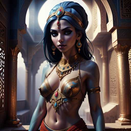 This image depicts a highly detailed, computer-generated or AI-generated female character, possibly from a video game or animated series. She stands in a grand, ornate palace with golden columns and intricate architectural details. Her skin is a striking bluish-gray, and she has long, flowing black hair adorned with a golden headband featuring a blue jewel. Her face is framed by thick, dark eyebrows and long eyelashes, with a red jewel hanging between her eyebrows. She wears large, dangling blue earrings and a golden choker necklace with blue jewels. Her attire includes a golden bra-like top with blue accents, and a red skirt that reveals her midriff. A red jewel adorns her belly button, and she has a tattoo on her left arm. The overall scene is richly detailed, showcasing the character's elaborate costume and the opulent surroundings.