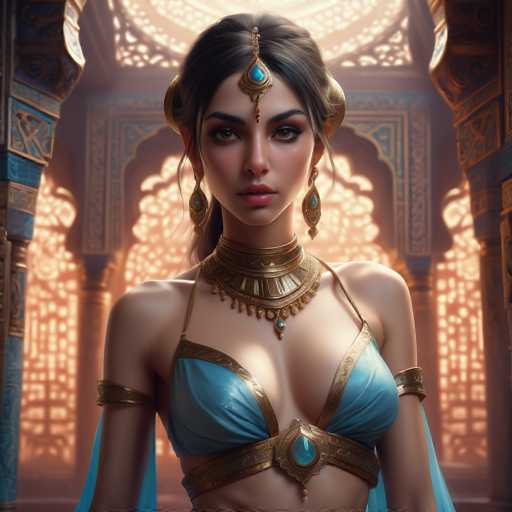 The image depicts a highly detailed, computer-generated or AI-generated illustration of a young woman, possibly in her early 20s, with a strikingly realistic appearance. She has long, dark brown hair styled in a ponytail, with some strands elegantly framing her face. Adorning her forehead is a golden ornament featuring a turquoise blue jewel, which extends down to her nose. Her eyes are a captivating brown, and she wears pink lipstick that complements her fair complexion.

Her attire is a blend of ancient Egyptian and Roman styles, consisting of a blue and gold bikini top that reveals her midriff. Around her neck, she wears a large, ornate gold necklace with a turquoise blue jewel at its center. Her shoulders are bare, and she has gold armbands on both arms. The background showcases an ornate building with intricate blue and gold designs, featuring a large window that allows light to filter through, adding a mystical ambiance to the scene.
