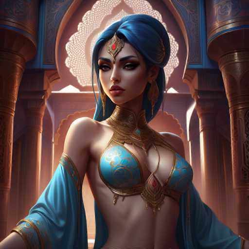 The image depicts a highly detailed, computer-generated or AI-generated artwork of a woman standing in the center of an ornate, ancient-style building. The structure features tall, gold and blue columns with intricate designs, and a large, white, flower-like window behind her. The woman has striking blue hair styled in a bun and wears a gold headpiece with a red jewel on her forehead. Her makeup is elaborate, with dark eyeshadow and red lipstick. She is dressed in a blue bikini top adorned with gold swirls and a gold necklace that extends down to her belly button. A blue shawl with gold trim drapes over her arms, adding to her regal appearance. The overall scene is rich in color, featuring shades of blue, gold, red, white, and brown, and the woman gazes directly at the viewer, creating a captivating focal point.