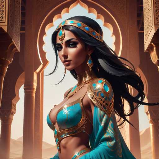 This image depicts a highly detailed, computer-generated portrayal of a young woman, possibly in her late teens or early twenties, with a strikingly realistic appearance. She has long, flowing black hair adorned with a gold headband featuring blue jewels and a central ornament that extends down to her forehead. Her complexion is a rich brown, and she has expressive green eyes accentuated by thick black eyeliner. She is dressed in an elaborate outfit that includes a blue and gold bra-like top, a matching blue and gold skirt, and a flowing cape. The ensemble is complemented by long, dangling blue earrings and a choker necklace. The background showcases a grand, ornate building with intricate gold and brown columns, reminiscent of Middle Eastern architecture, possibly evoking the style of a palace or mosque. The scene is set against a backdrop of sand dunes, suggesting a desert environment. The woman's body is slightly angled to the left, but her face is turned towards the viewer, creating a captivating and enigmatic presence.