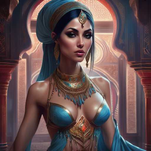 The image depicts a woman wearing a blue headscarf and gold jewelry, including earrings and a necklace with a large pendant. She is standing in front of an archway or doorway, which could be part of a palace or other grand structure. The background features intricate patterns and designs that add to the overall aesthetic appeal of the scene.