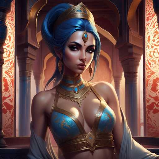 The image depicts a highly detailed, computer-generated female character, likely from a video game or animated series. She has striking blue hair styled in a high ponytail with some strands cascading down her shoulders. Adorning her head is a golden crown featuring a prominent blue jewel at its center. Her face is accentuated with heavy eye makeup, including thick eyeliner and mascara, and she has full lips painted in a pinkish-red hue. She wears dangling gold earrings and a large, ornate necklace with a blue jewel at its center, which extends into a choker around her neck. Her attire includes a blue and gold bikini top, complemented by a gold belt with a blue jewel at its center. Draped over her arms is a white cloth, adding to her regal appearance. The background showcases a grand, castle-like structure with blue columns and intricate red and white floral patterns on the walls, enhancing the majestic atmosphere of the scene.