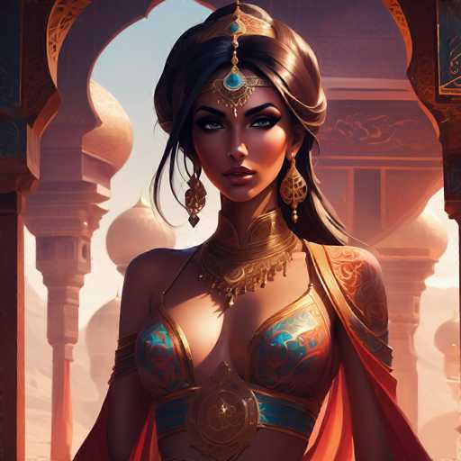 The image depicts a strikingly beautiful woman with dark brown hair styled in an elaborate updo, with a few strands cascading down the sides of her face. She is adorned with a golden headband featuring a blue jewel at its center, from which a chain extends down to her forehead, ending in another blue jewel. Her makeup is meticulously applied, highlighting her dark eyebrows and long eyelashes. She wears large, dangling earrings that resemble leaves, and a thick, ornate choker necklace that extends down to her chest. Her attire includes a low-cut, blue and gold bra-like top, complemented by a red and gold sash around her waist. The background showcases a grand, ornate building with golden arches and columns, reminiscent of a palace or temple, adding to the overall majestic and regal atmosphere of the scene.