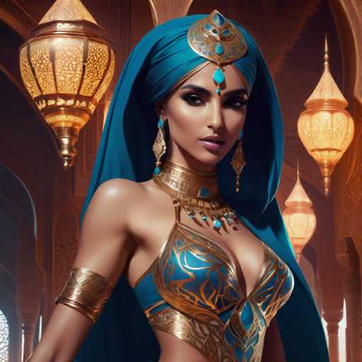 The image depicts a highly detailed, computer-generated or AI-generated artwork of a woman standing in the center of an ornate, ancient-style building. The woman, who has a light brown complexion, is adorned in a striking blue and gold outfit. She wears a blue headscarf that drapes down her back and a matching blue and gold bra-like top. Around her neck is a thick gold collar, and she has a gold armband on her right arm. Her jewelry includes long, dangling earrings and a blue and gold headpiece that extends down to her forehead. The background features intricate, golden arches and hanging lanterns, enhancing the ancient and luxurious atmosphere of the scene.