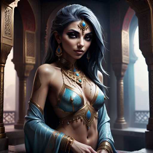 This image portrays a strikingly beautiful woman with long, flowing gray hair that cascades down to her chest. She is adorned in an elaborate outfit featuring a blue and gold bra-like top that leaves her midriff exposed. Complementing her attire is a matching blue and gold skirt, and she wears a long, flowing blue robe that drapes elegantly over her arms. Her ensemble is accentuated by an ornate necklace with a prominent blue jewel at its center, and a matching blue jewel adorns her forehead, adding to her regal appearance. She gazes directly at the camera with a serene expression, her lips painted a soft pink. The background reveals a grand, ornate building with tall, arched windows that allow light to filter through, illuminating the scene with a gentle glow.