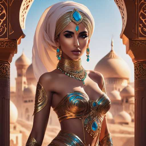 This image depicts a strikingly beautiful woman adorned in elaborate attire reminiscent of ancient Egyptian fashion. She wears a golden headpiece that drapes elegantly over her head, featuring a prominent blue jewel at its center. Her eyes are accentuated with thick black eyeliner, and her lips are painted a soft pink. She is dressed in a golden bra-like top that reveals her midriff, and her arms are adorned with intricate gold and blue jewelry. Around her neck, she wears a thick, golden collar that adds to her regal appearance. The background showcases a clear blue sky and a series of grand, white buildings with dome-shaped roofs, each topped with a golden spire. The woman stands poised between two ornate columns, adding to the majestic and timeless atmosphere of the scene.