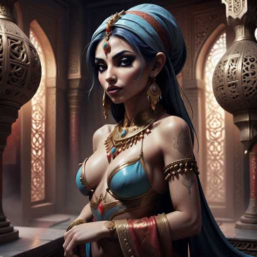 The image depicts a highly detailed, computer-generated or AI-generated artwork of a woman standing in a grand, ornate room. The woman has long, dark blue hair styled in a bun with a red band, and she wears a golden ornament on her forehead. Her attire is reminiscent of ancient Egyptian or Roman fashion, featuring a blue and gold bikini top with a red gem at the center, and a matching blue and gold skirt. She also has a large, ornate golden necklace with blue jewels and a red gem, along with a gold armband. Her skin is very pale, and she has tattoos on her left arm. The background showcases a luxurious setting with golden columns, intricate designs, and arched windows, suggesting a palace or temple. The overall scene is rich in color, with prominent hues of blue, gold, red, and brown, and the woman is positioned centrally, looking slightly to the left.