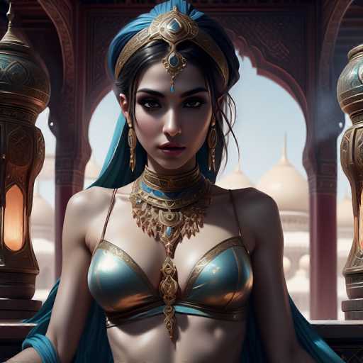 This image depicts a highly detailed, AI-generated portrayal of a woman who appears to be of Middle Eastern or South Asian descent. She is adorned in a striking gold and blue bikini-style top, complemented by an elaborate gold necklace that extends down to her belly button. Her attire is further accentuated by a grand, ornate gold and blue headpiece that features a prominent jewel hanging between her eyes. The woman's long, dark hair cascades down her back, adding to her regal appearance.

The setting around her is equally opulent, with a background that includes a large, ornate window revealing a view of distant palaces. Flanking her on either side are two golden lanterns, adding to the luxurious ambiance. The woman's expression is serious, and she gazes directly at the viewer, exuding an aura of power and elegance. The overall composition suggests she might be a character from a video game or a fantasy-themed artwork.