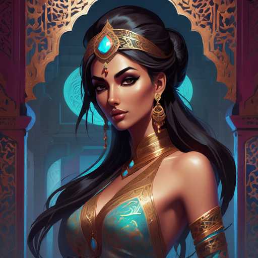 The image depicts a highly detailed, computer-generated illustration of a woman with dark skin and long, flowing black hair. She is adorned with an ornate gold headband featuring a prominent blue jewel at its center, which extends down to her forehead. Her attire includes a striking blue dress with gold accents, and she wears a matching blue necklace. The woman's accessories are elaborate, including long, dangling gold earrings and a gold armband on her left arm. She has a serious expression, with her gaze directed slightly to the left. The background showcases an intricate, ornate gold archway with a red border, set against a dark blue backdrop. The overall composition suggests a blend of ancient and fantastical elements, creating a visually captivating scene.