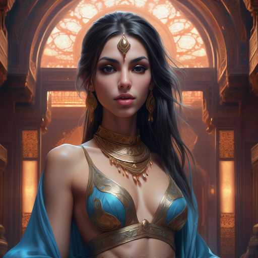 The image depicts a highly detailed, computer-generated or AI-generated illustration of a young woman, possibly in her late teens or early twenties. She has long, dark hair that is partially pulled back, with the rest cascading down her shoulders. Her complexion is fair, and she has striking features including dark eyes, dark eyebrows, and full lips. Adorning her forehead is a golden ornament that extends down to her nose, complementing her large, dangling gold earrings and an elaborate gold choker necklace with intricate designs and hanging elements.

She is dressed in a blue and gold bikini top, which is intricately designed with gold accents and features a band across her midriff. Draped over her shoulders is a blue shawl that adds to her regal appearance. The background suggests she is in a grand, ornate building, possibly a church or cathedral, with large, golden arched windows that allow light to filter through, casting a warm glow. The setting is further accentuated by the presence of gold and brown hues, enhancing the majestic and ethereal atmosphere of the scene.