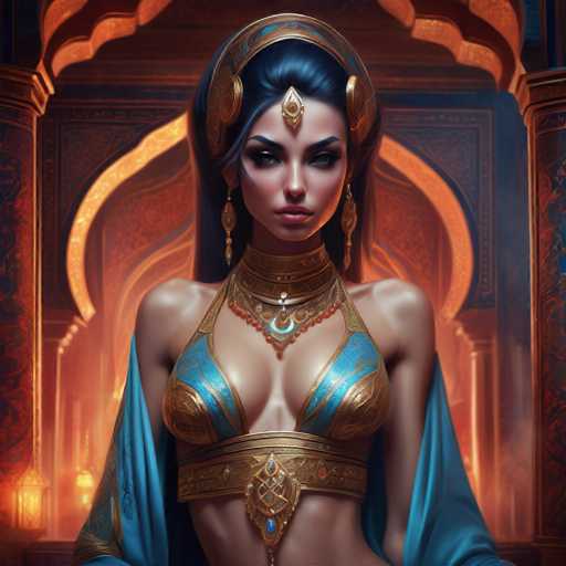 The image depicts a strikingly beautiful woman with long, black hair adorned with a golden headband that features a teardrop-shaped ornament on her forehead. She is dressed in an elaborate, ancient Egyptian-inspired outfit, consisting of a blue and gold bikini top and a matching gold belt with a prominent blue jewel at the center. Her attire is complemented by long, dangling earrings and a thick gold choker necklace with a crescent moon pendant. She has a tan complexion and is positioned in front of a grand, ornate building with intricate gold and blue designs, reminiscent of Middle Eastern architecture. The background is illuminated by warm, orange lights, adding to the majestic and regal atmosphere of the scene.
