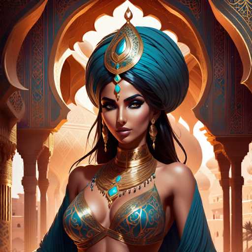 The image depicts a highly detailed, computer-generated or AI-generated artwork of a woman standing in front of an ornate, Middle Eastern-style building. The woman, who has a darker complexion, is adorned in elaborate attire that includes a turquoise blue turban with a gold emblem on top, and a matching turquoise shawl draped over her shoulders. She wears a golden choker necklace with turquoise accents, and a matching turquoise and gold bra. Her long black hair cascades down her back, and she has large, dangling earrings. The background features a building with intricate gold and turquoise designs, including a prominent archway. The scene is set against a backdrop of additional buildings, enhancing the overall grandeur and exotic ambiance of the image.