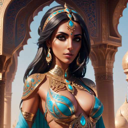 This image features a strikingly beautiful woman with long, dark hair, adorned with an elaborate gold and blue headpiece that extends down to her forehead. She is dressed in a stunning, form-fitting gown that accentuates her figure, with intricate gold and blue details. The gown includes a choker and shoulder pads, and it is designed with a bra-like top that leaves her midriff exposed. The background showcases a grand, ornate building with tall, arched windows and columns, reminiscent of a castle or a place of worship. The structure is adorned with intricate gold and blue patterns, adding to the majestic atmosphere. The woman gazes directly at the camera, exuding confidence and grace.