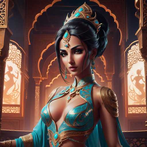 This image portrays a highly detailed, computer-generated depiction of a woman who appears to be of Middle Eastern or Indian descent. She is adorned in an elaborate outfit that combines elements of traditional and fantastical attire. Her attire features a striking blue and gold ensemble, including a bra-like top and a flowing cape that drapes elegantly around her. The outfit is intricately designed with gold accents and blue gemstones, enhancing its regal appearance.

Her hair is styled in a bun, with a few loose strands framing her face, and she wears a golden crown embellished with blue jewels. A prominent blue jewel hangs from her forehead, adding to her majestic look. She also sports blue earrings and a necklace that complements her outfit.

The background suggests she is in a grand, ornate building, possibly a palace, with golden arches and intricate designs. The walls feature detailed artwork, including images of women that resemble mermaids, adding to the mystical ambiance of the scene. The overall composition exudes a sense of opulence and otherworldliness, making the woman appear as though she is a character from a fantasy realm.