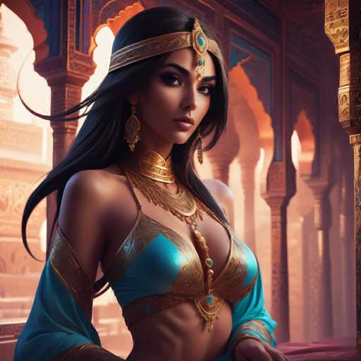 This image depicts a highly detailed, computer-generated or AI-generated artwork of a woman standing in a grand, ornate building. The woman, who appears to be of Middle Eastern or Indian descent, has long, flowing black hair adorned with a gold headband featuring a turquoise jewel. She is dressed in an elaborate outfit that includes a blue and gold bra-like top, a matching blue and gold skirt, and a gold choker necklace. Her attire is complemented by long, dangling earrings and a gold arm band. The background reveals a series of tall, arched windows and columns, suggesting a setting reminiscent of a palace or a grand historical structure. The woman is positioned slightly to the left of the center, with her body angled towards the right, and she gazes directly at the viewer with a composed expression. The overall color palette of the image includes shades of blue, gold, turquoise, and brown, enhancing the regal and luxurious atmosphere of the scene.