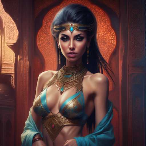 The image depicts a woman wearing a blue and gold dress with a large headdress on her head. She is standing against an orange wall adorned with intricate designs. The woman has long dark hair and is looking directly at the camera.