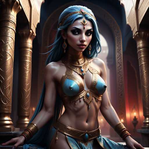 The image depicts a highly detailed, computer-generated or AI-generated scene of a woman with long, flowing blue hair, adorned in elaborate ancient Egyptian-style attire. She is seated on a stone throne, with her hands resting on the armrests. Her outfit features a striking combination of gold and blue, with a golden chest plate that leaves her midriff exposed, and a blue skirt. She wears a golden belt with a blue gem at the front, and her ensemble is complemented by a golden necklace with blue jewels and a golden headband with a blue jewel hanging between her eyes. Her makeup is meticulously applied, with dark eyeshadow and pink lipstick, and she has blue-painted fingernails. The background showcases a grand, ornate room with golden columns and intricate designs, enhancing the regal and majestic atmosphere of the scene.