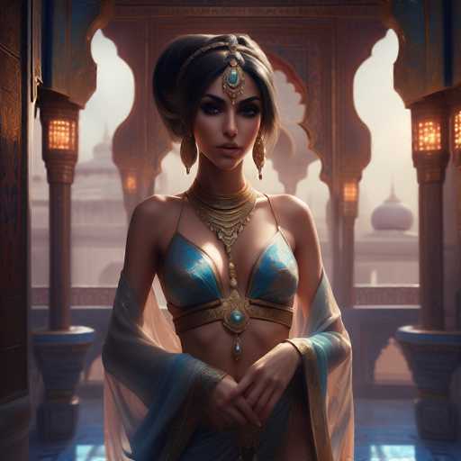 This image depicts a highly detailed, computer-generated character that appears to be from a video game. The character is a woman with dark hair styled in a bun, adorned with an ornate headpiece featuring a turquoise jewel. She has striking blue eyes and is wearing long, dangling earrings. Her attire includes a blue and gold bikini top, complemented by a large, elaborate gold necklace that extends down to her belly button. Additionally, she wears a sheer, blue and gold shawl that drapes over her arms and hands. The background showcases a grand, castle-like structure with intricate architectural details, including columns and arches. The scene is illuminated by warm, orange lights, enhancing the majestic and regal atmosphere.
