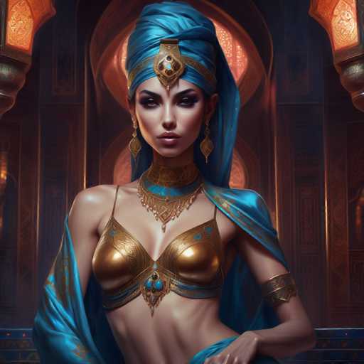 This image portrays a strikingly beautiful woman, possibly of Egyptian or Middle Eastern descent, adorned in an elaborate and ornate outfit. She wears a vibrant blue turban that drapes elegantly over her shoulders and down her back, complemented by a matching blue shawl. Her attire includes a golden brassiere-style top, intricately designed with blue accents and adorned with turquoise jewels at the center. Around her neck, she sports a thick, ornate choker necklace featuring a turquoise band and a golden pendant. Her long, dangling earrings are also turquoise, adding to the cohesive color scheme of her outfit. The woman's eyes are accentuated with heavy makeup, and her lips are painted a bold red. She stands in a dimly lit room with a dark background, illuminated by a few orange lights, which enhances the dramatic and exotic ambiance of the scene.