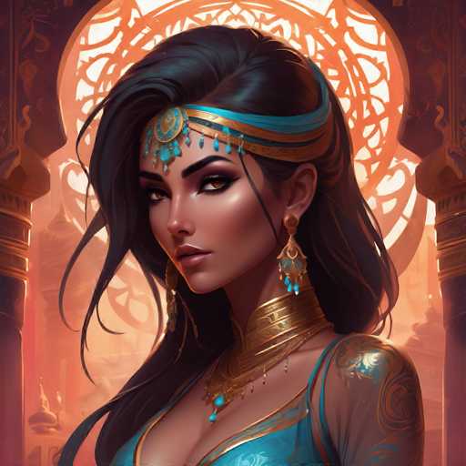 This image is a detailed, computer-generated illustration of a woman with dark skin and long, wavy black hair. She is adorned with an ornate headband featuring blue and gold accents, from which blue beads dangle. Her makeup is striking, with dark eyeshadow and brown eyes, and she has full lips. She wears long, dangling earrings that are blue and gold, matching the intricate jewelry around her neck, which includes a choker and a necklace with blue beads. Her attire is a blue dress with gold trim, and she has a blue tattoo on her right shoulder. The background is a warm, orange hue, suggesting a sunset, and features a large, ornate window with intricate designs. The overall style of the image is reminiscent of a video game or animated character, with a highly detailed and vibrant aesthetic.