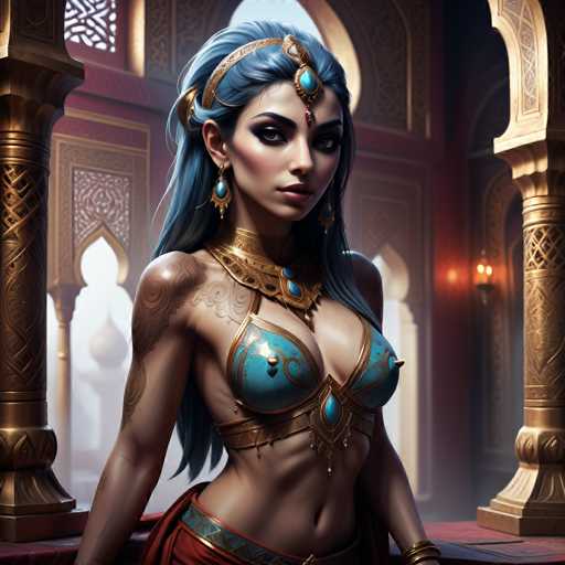 This image depicts a highly detailed, computer-generated female character, possibly from a video game or animated series. She has long, flowing blue hair adorned with a golden headband that features a prominent blue jewel hanging in front of her forehead. Her striking blue eyes are accentuated by heavy eye makeup, and she wears a subtle shade of pink lipstick. 

Her attire is a blend of ancient Egyptian and Roman styles, consisting of a blue and gold bikini top that leaves her midriff exposed. She also sports a matching blue and gold belt around her waist. The character's skin is a light tan, and she has intricate tattoos on her right shoulder and arm. 

The background suggests she is in a grand, ornate building with golden columns and red walls, reminiscent of a palace or temple. The setting is further embellished with a hanging light fixture on the right side, adding to the opulent atmosphere.