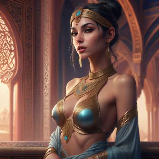 The image depicts a highly detailed, computer-generated or AI-generated artwork of a woman standing in a grand, ornate building. The setting features intricate architectural elements, including a large window with a circular design on the left side and a series of arches on the right, all adorned with elaborate gold and blue accents. The woman, who appears to be of Caucasian descent, has dark brown hair styled in a bun and is wearing a gold headband with a turquoise jewel. Her attire is a striking combination of blue and gold, featuring a blue bikini top with gold trim and a matching blue skirt. She also wears a gold choker necklace with a turquoise gem and a long, dangling earring. Her makeup is meticulously applied, with pink lips and dark eyebrows, and she has a slight smile on her face. The overall scene exudes a sense of opulence and grandeur, with the woman's attire and the ornate surroundings creating a visually captivating image.