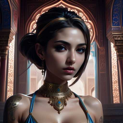 The image portrays a young woman, likely in her late teens or early twenties, with a strikingly realistic appearance that suggests it may be AI-generated. She has dark hair styled in a bun with a few strands framing her face, and she wears a gold headband. Her blue eyes are accentuated with makeup, and she has full lips adorned with pink lipstick. She is dressed in a blue dress with thin straps, and around her neck is a thick, ornate gold choker featuring a blue jewel at its center. The choker extends into a pendant with a similar blue jewel. Her shoulders are bare, revealing tattoos on both sides. The background suggests she is in a grand, ornate building, possibly a palace, with intricate architectural details and a large window behind her that allows light to filter through. The overall scene is rich in detail, emphasizing the woman's elegant and somewhat regal appearance.