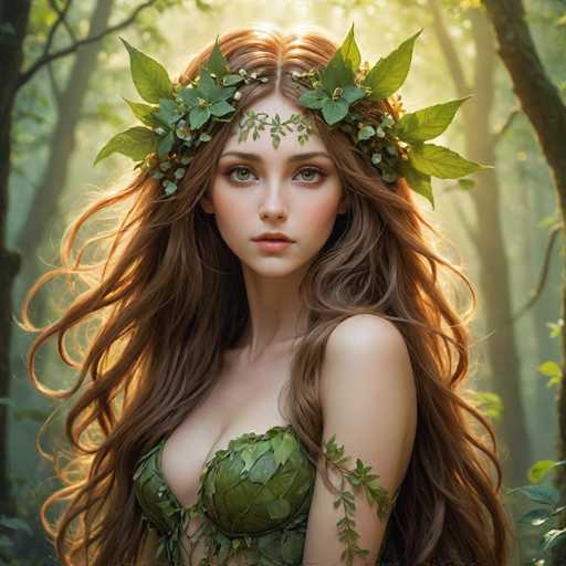 This image portrays a young woman with long, flowing brown hair adorned with a crown of green leaves and flowers. Her striking green eyes and pink lips complement her fair complexion. She wears a green, leafy top that resembles a bra, and a vine is wrapped around her left arm. The background features a dense forest with tall trees, through which sunlight filters, casting a warm glow on her hair and the surrounding foliage. The scene evokes a fairy-like or nature-inspired theme, with the woman appearing almost mythical in her serene and enchanting presence.