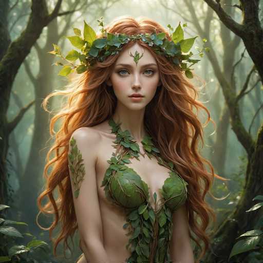The image depicts a highly detailed, computer-generated or AI-generated fantasy scene featuring a young woman with long, wavy red hair that cascades down to her waist. She stands in the center of a dense, misty forest, surrounded by tall trees with green leaves and moss. The woman has striking blue eyes and a serene expression, looking directly at the viewer. She is adorned with a leafy crown made of green leaves and twigs that encircles her head, with an additional leaf positioned on her forehead. Her attire is a unique blend of nature and fashion, featuring a green bra-like top made of leaves and twigs, and a leafy necklace that drapes down to her waist. Her left arm is decorated with a tattoo of leaves and vines. The overall atmosphere is ethereal and mystical, with the sunlight filtering through the trees, casting a soft glow on the scene.
