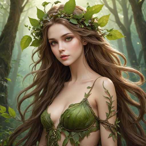 This image depicts a young woman with long, wavy brown hair that cascades down to her waist, partially flowing behind her. She has striking green eyes and a fair complexion, accentuated by pink lips and subtle makeup. Adorning her head is a crown of green leaves and small purple flowers, giving her a natural, ethereal appearance. She is dressed in a green leaf bra that reveals her cleavage, and a vine-like branch wraps around her left arm, extending up to her shoulder. The background is a misty forest with tall trees, creating a dreamy, almost magical atmosphere. The overall scene evokes a sense of nature and enchantment, reminiscent of a fairy or forest sprite.