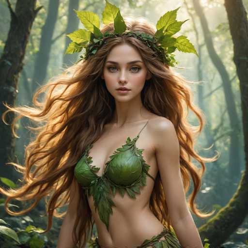 A beautiful, ethereal fantasy woman with long, flowing, golden-brown hair adorned with a leafy crown stands in a sun-dappled forest. She has fair skin, captivating green eyes, and delicate features. Her attire is a verdant, leaf-like garment that drapes around her body, and she appears to be wearing a leafy bra. The background is a soft, blurred forest with lush green foliage and sunlight filtering through the trees, creating a magical and serene atmosphere. The overall style is highly detailed and painterly, with a focus on natural light and soft shadows.