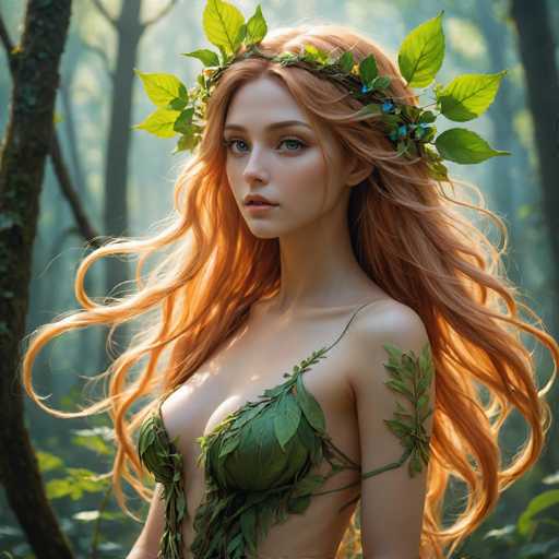 This image depicts a highly detailed, computer-generated or AI-generated illustration of a young woman with long, wavy red hair that cascades down to her waist. She has striking blue eyes and is adorned with a leafy crown made of green leaves and small blue flowers. Her attire is a unique, nature-inspired ensemble crafted from green leaves, featuring a bra-like top and a leafy band that wraps around her left shoulder. Additional leaves are intricately woven around her right arm. The woman stands in a serene, misty forest with tall trees and green foliage in the background, bathed in sunlight that highlights her fair skin and the vibrant colors of her attire and surroundings.