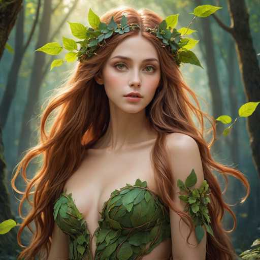 The image depicts a young woman with long, flowing red hair that cascades down to her waist. She is adorned with a leafy crown made of green leaves, some of which drape over her left shoulder. Her attire is a leafy top, intricately designed to resemble a forest theme. The background features a serene forest setting with tall trees and a soft, light blue hue, suggesting a misty or foggy atmosphere. Sunlight filters through the trees, casting a gentle glow on the scene. The woman has striking green eyes and a serene expression, with her lips slightly parted. Her skin is fair, and she appears to be in her early 20s. The overall composition of the image evokes a sense of tranquility and harmony with nature.