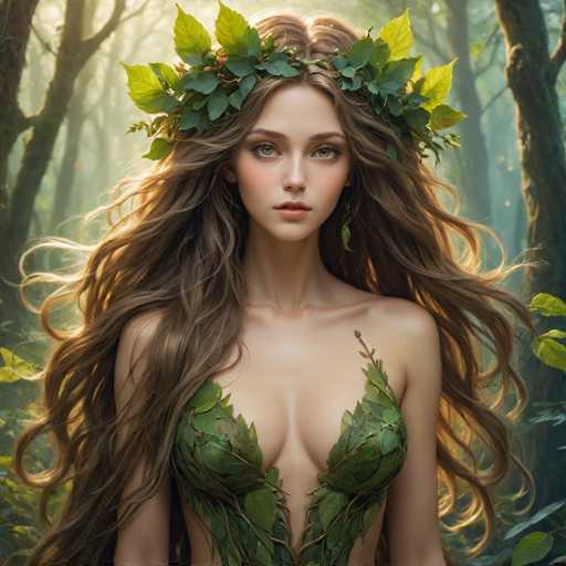 This image portrays a young woman with long, wavy brown hair adorned with a leafy crown. She has striking green eyes and is dressed in a leafy top that reveals her cleavage. The background features a forest setting with trees and leaves, creating a natural, ethereal atmosphere. The overall composition blends elements of fantasy and nature, giving the impression of a forest fairy or nature spirit.