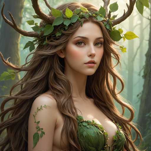 The image depicts a young woman with long, flowing brown hair adorned with a crown of leaves and antlers. She has striking green eyes and a serene expression, gazing directly at the viewer. Her attire is a leafy green dress that complements the natural theme of the image. The background is a misty forest with tall trees, creating an ethereal atmosphere. The overall style is reminiscent of a fantasy or fairy tale setting, with the woman appearing as a forest nymph or nature spirit. The image is square-shaped and features no text, focusing solely on the enchanting forest scene and the woman within it.