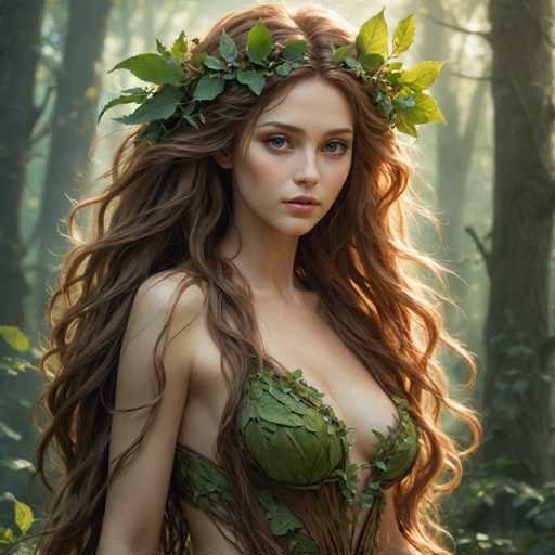 A young woman stands in a dense forest, her long, wavy brown hair cascading down her back. She wears a leafy crown made of green leaves and twigs, and her dress is crafted from various green leaves, with a particularly large leaf covering her right breast. Her left breast is adorned with smaller leaves, and additional leaves drape over her stomach. She has striking blue eyes, pink lips, and a light complexion, with a hint of blush on her cheeks. The background is filled with tall trees, their trunks and branches creating a natural frame around her. Sunlight filters through the leaves, casting a warm glow on her face and hair, highlighting the intricate details of her leafy attire.
