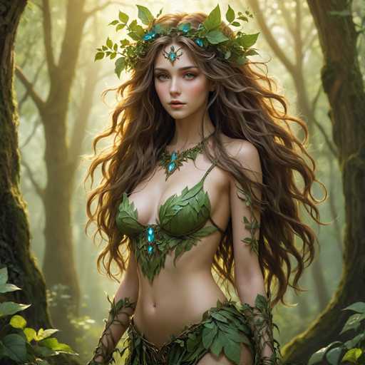 A woman with long brown hair is standing in a forest surrounded by trees and foliage. She is wearing a green dress that has leaves attached to it, and she is also wearing a headdress made of leaves. The background features the same type of greenery as the foreground, creating a sense of depth and immersion in the natural environment.