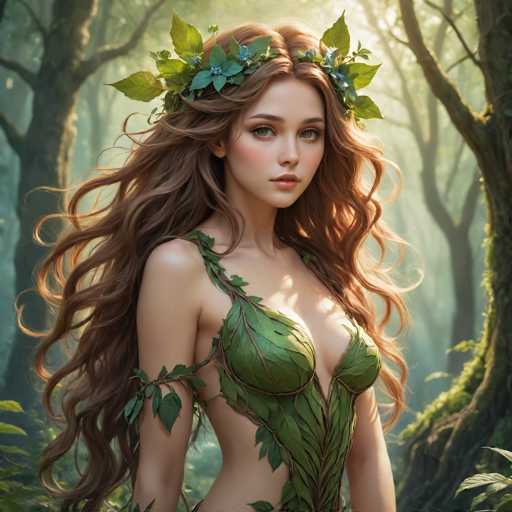 The image depicts a young woman with long, wavy brown hair adorned with a crown of green leaves and blue flowers. She has striking green eyes and is wearing a green, leafy dress that resembles a bra, with additional leaves cascading down her torso. Her arms are bare, and she has a leafy band around her upper arm. The woman is standing in a lush, sunlit forest, with tall trees and green foliage surrounding her. She is looking directly at the camera, her expression serene and natural. The scene is vibrant and detailed, with sunlight filtering through the trees, creating a warm and enchanting atmosphere.