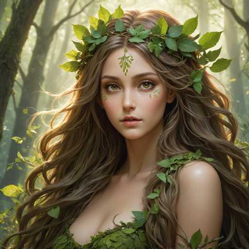 The image depicts a highly detailed, computer-generated or AI-generated painting of a young woman with long, wavy brown hair that cascades down to her chest. She is adorned with a leafy crown made of green leaves, and additional leaves are draped over her left shoulder. Her face is intricately decorated with green leaf designs on her forehead, cheeks, and around her eyes, giving her a distinctly natural, forest-like appearance. She has striking green eyes and pink lips, and her skin is very pale. The woman is wearing a green dress made of leaves, which complements her overall nature-inspired look. She is positioned in the center of the image, gazing directly at the viewer. The background features a dense forest with tall trees, through which sunlight filters, casting a warm glow on the scene. The overall color palette includes shades of green, brown, tan, pink, and yellow, enhancing the natural and ethereal ambiance of the painting.