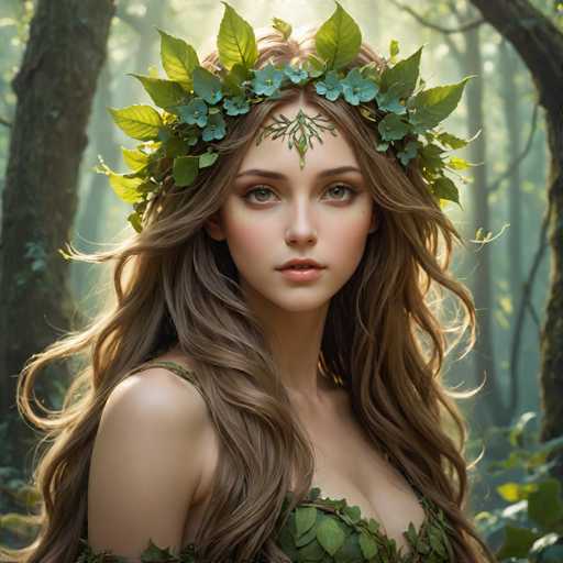 The image depicts a young woman, possibly in her late teens or early twenties, with long, wavy brown hair that cascades down to her waist. She has striking green eyes and a fair complexion. Adorning her head is a lush crown made of green leaves and delicate white flowers, with additional greenery elegantly draped across her forehead. Her attire is a green dress, intricately designed to resemble leaves, which complements her natural, forest-like appearance. The background is a serene forest scene, with sunlight filtering through the trees, casting a warm glow on her face and hair. The overall composition gives the impression of a mythical or fairy-like figure, possibly inspired by characters from stories like "The Lord of the Rings."