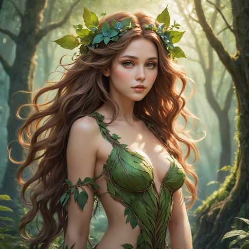 A woman with long brown hair is standing in a forest surrounded by trees and foliage. She is wearing a green dress that has leaves attached to it, giving her an ethereal appearance. The background of the image is dark and filled with trees, creating a sense of depth and mystery.