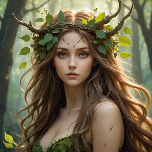 This image portrays a young woman with long, wavy brown hair cascading down her back. She has striking green eyes and a serene expression. Adorning her head is a unique crown made of brown branches and green leaves, with antlers extending from the sides. Her attire is a green dress, crafted from leaves, which complements her natural, forest-like appearance. The background features a dense forest with tall trees, adding to the enchanting and mystical atmosphere of the scene.