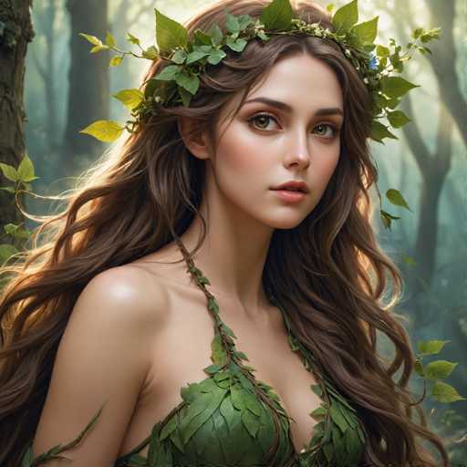 This image depicts a young woman with long, wavy brown hair adorned with a leafy crown. She has striking green eyes and is wearing a green, leafy top that complements her natural appearance. The background features a forest setting with trees, creating a serene and enchanting atmosphere. The overall composition highlights the woman's connection to nature, evoking a fairy-tale or mythical ambiance.