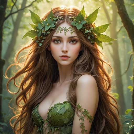 A beautiful fantasy elf woman with long, flowing auburn hair adorned with a leafy crown, wearing a green leaf-like bodice. She has large, expressive eyes and a serene expression, looking directly at the viewer in a sun-dappled forest setting. The overall style is ethereal and magical, with soft lighting and a focus on natural textures.