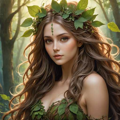 The image depicts a young woman with long, wavy brown hair adorned with a crown of green leaves. A delicate strand of leaves drapes down the center of her forehead, adding to her ethereal appearance. She has striking green eyes and is wearing a green dress made of leaves, which complements her natural look. Her lips are painted a soft pink, and she has a slight smile on her face. The background features a serene forest with tall trees, through which sunlight filters, casting a warm glow on the scene. The overall atmosphere is one of tranquility and harmony with nature.