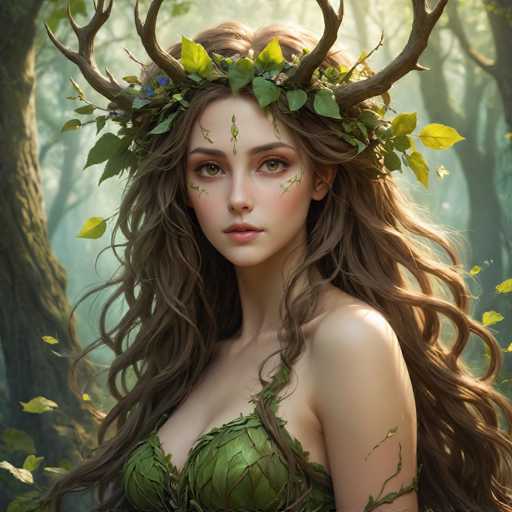A beautiful digital painting of a woman with long, flowing brown hair adorned with a leafy crown and antler-like headpiece. She has fair skin, delicate features, and captivating eyes with subtle green accents. Her attire appears to be made of living leaves, blending seamlessly with the natural elements. The background is a soft, blurred forest scene with dappled sunlight filtering through the trees, creating a mystical and ethereal atmosphere. The overall style is fantasy-inspired, emphasizing a connection to nature and a sense of gentle magic.