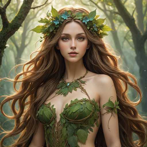 This image depicts a highly detailed, computer-generated illustration of a young woman with long, wavy brown hair that cascades down to her waist. She stands in the center of a dense forest, surrounded by tall trees with brown trunks and green leaves. The woman has striking green eyes and is adorned with a crown of blue and green leaves on her head. Her attire is a leafy, green dress that covers her chest and extends down to her waist, with a leafy necklace featuring a blue gemstone around her neck. The scene is bathed in sunlight, which filters through the trees, casting a soft glow on her face and hair. The overall atmosphere is serene and enchanting, with the woman appearing almost ethereal in her natural surroundings.